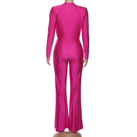 New Women's Fashion Sexy Deep V Long Sleeve Slim Fit Flared Jumpsuit by GJG Denim