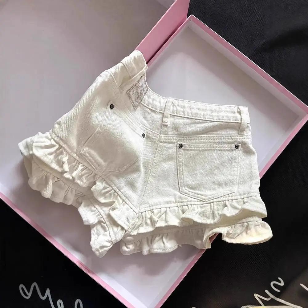 White Ruffled Panel Denim Shorts by GJG Denim