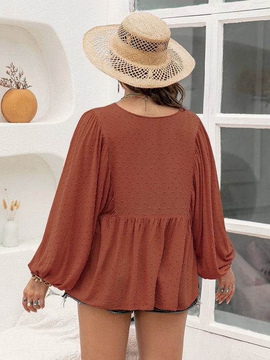 Plus Size Swiss Dot Tie Neck Long Sleeve Blouse by Lady Ros