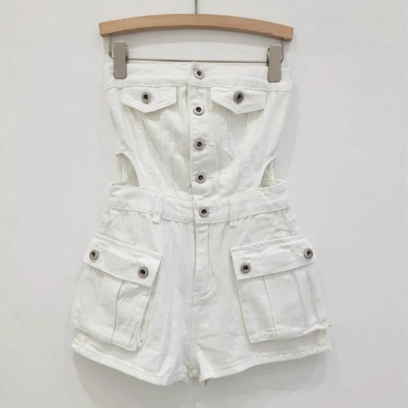 Hot Girl Breasted Hollow-out Midriff Tube Top Cowboy Siamese Shorts For Women by GJG Denim