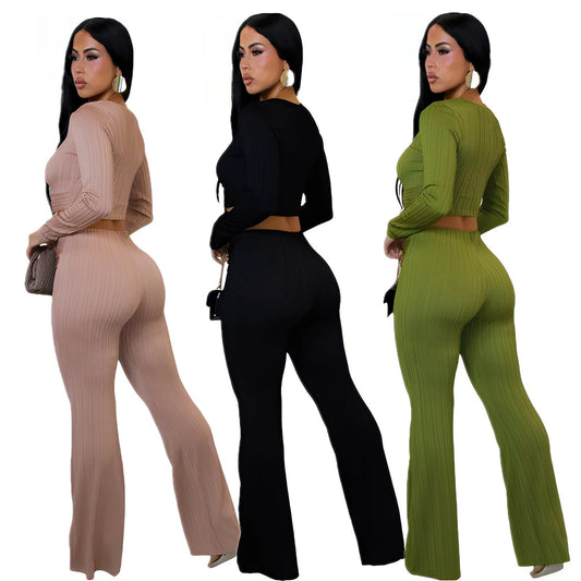 Women's Slim-fit Sexy Hollow-out Top And Flared Pants Two-piece Set by GJG Denim