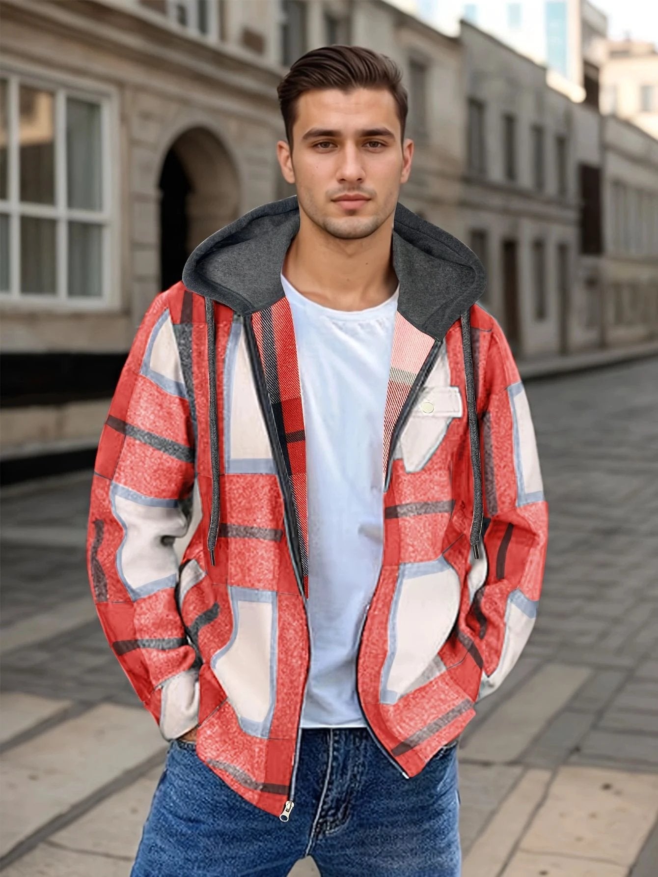 Men's Flannel Jacket Zipper Hooded Jacket by GJG Denim