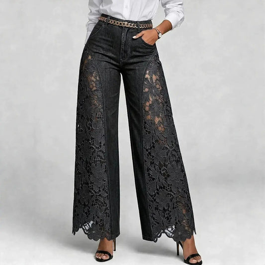 High-waisted Wide-leg Pants Womens Lace-panelled Jeans by GJG Denim