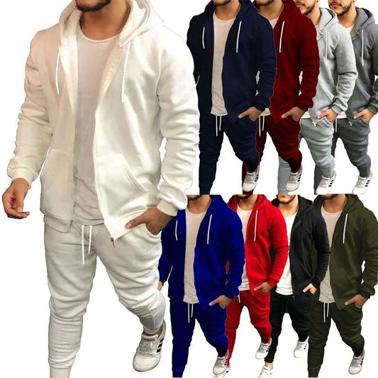 Mens Fashion Solid-Color Casual Hooded Cardigan Set by GJG Denim