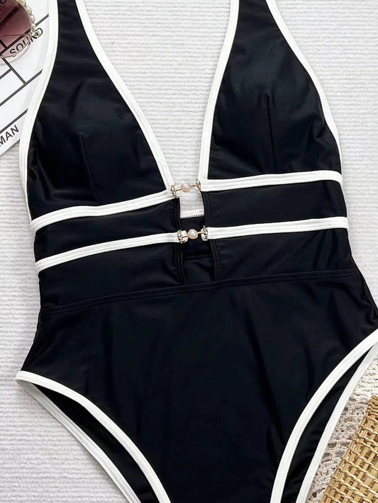 Sexy Bikini Suspender Deep V Black And White Cross Thin Swimsuit by GJG Denim