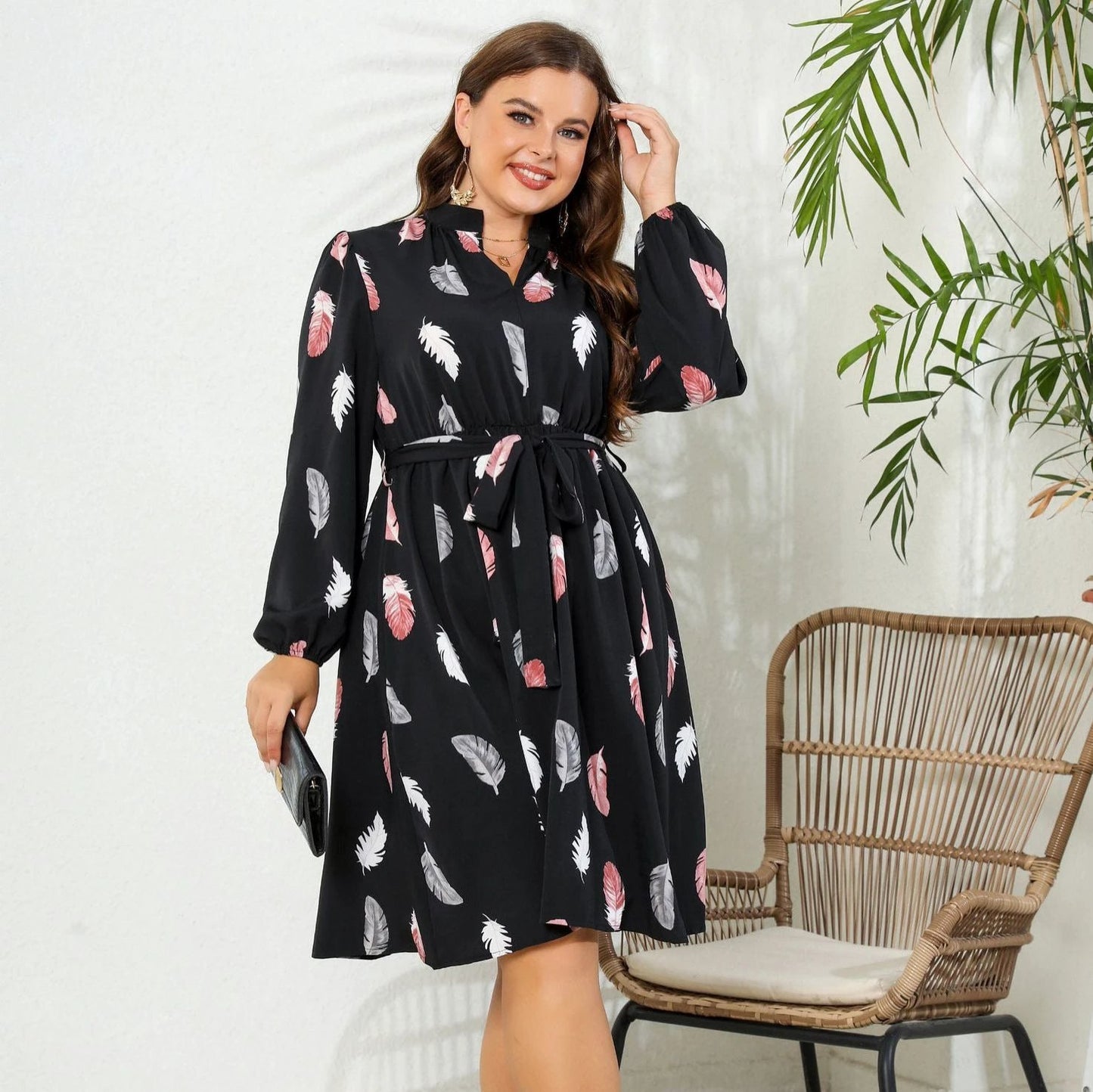 Printed Long Sleeve Waist-tight European And American Plus Size Dress by GJG Denim