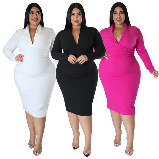 Fashion Casual Solid Color Long Sleeve Zipper V-neck Dress by GJG Denim