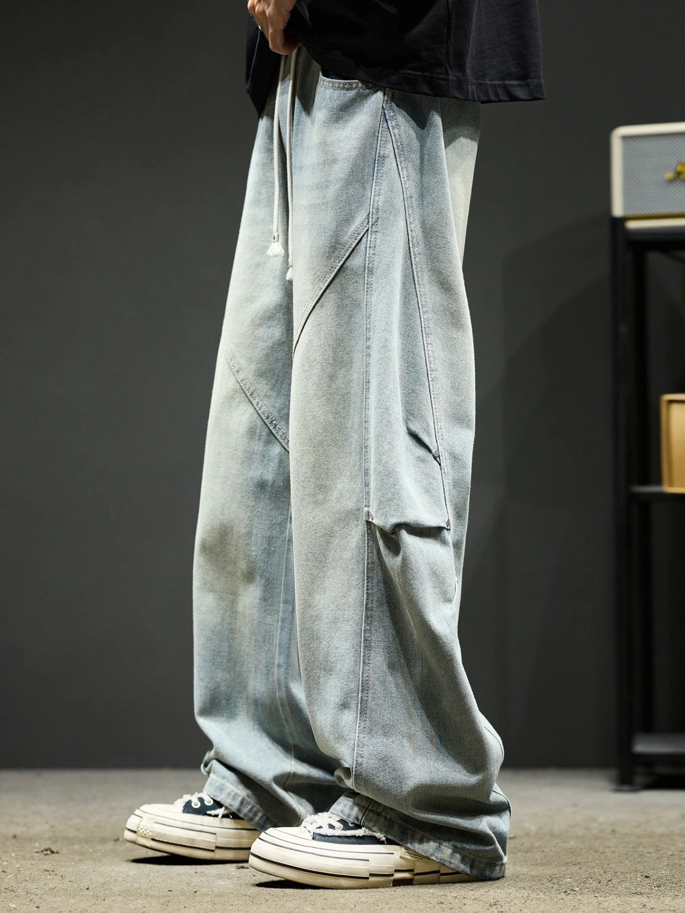 Retro Washed Casual Loose Wide-Leg Cargo Pants For Men by GJG Denim