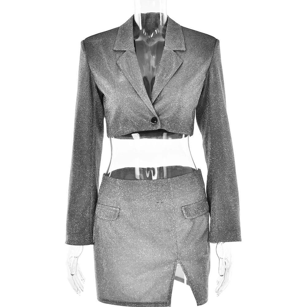 V-neck Long Sleeve Shiny Top Skirt Two-piece Suit by GJG Denim