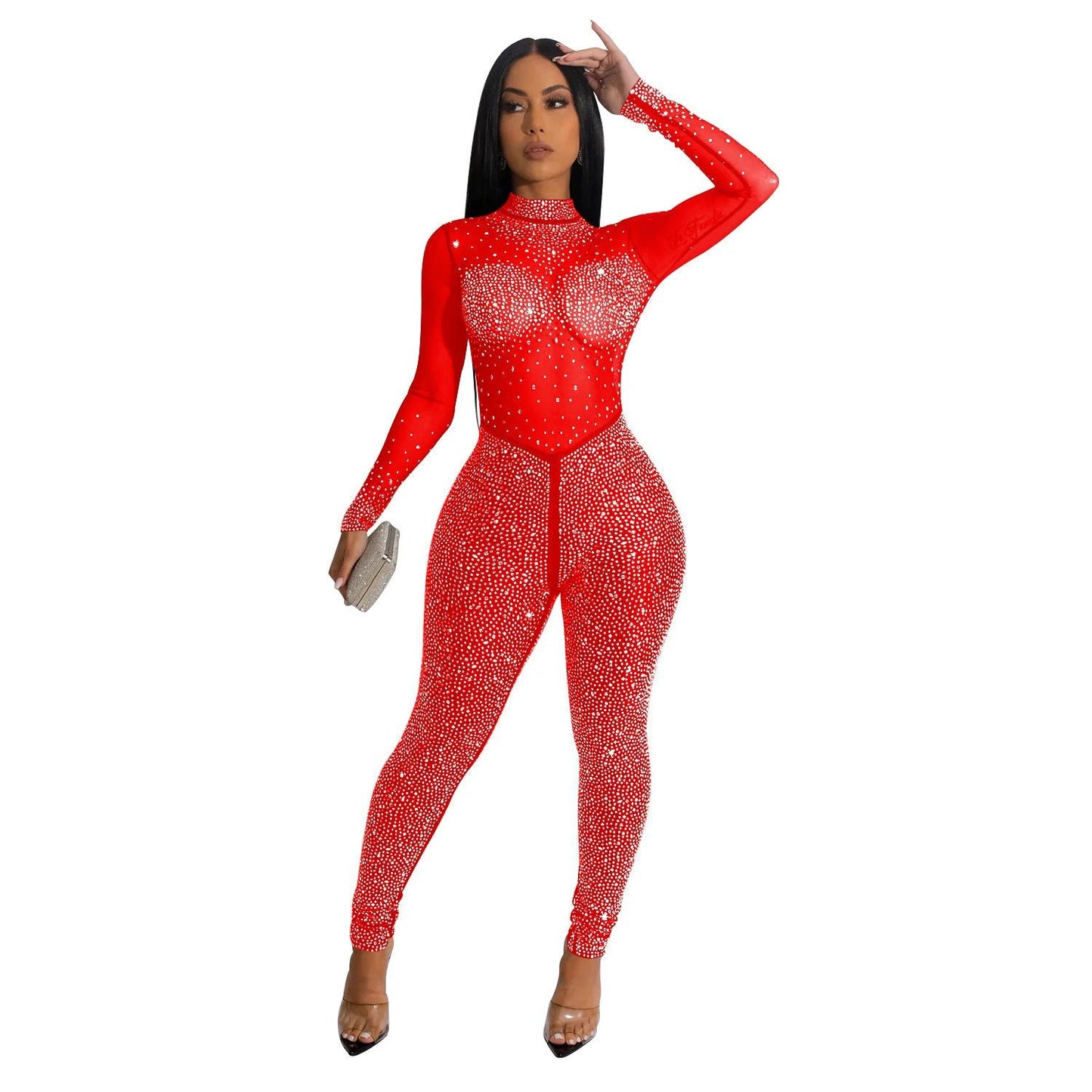 Fashion Women's Pure Color Mesh Hot Drilling Long Sleeve Jumpsuit by GJG Denim