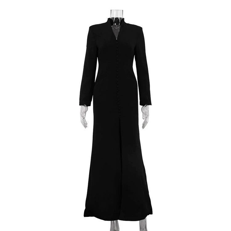 V-neck Long Sleeve High Waist Slit French Dress by GJG Denim