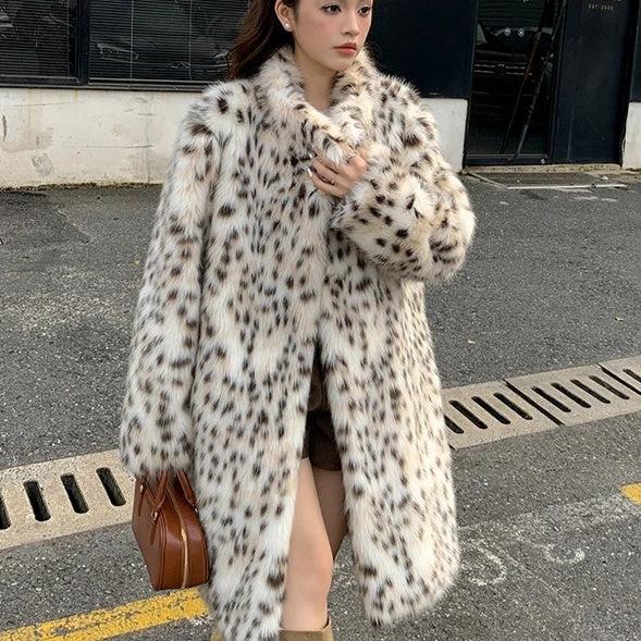 Leopard-print Fur And Lapel Fur Coat For Women by GJG Denim