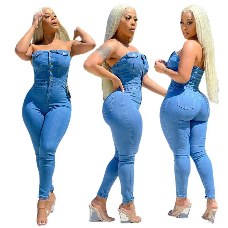 Tube Top Off-shoulder Slim Fit Denim Jumpsuit by GJG Denim