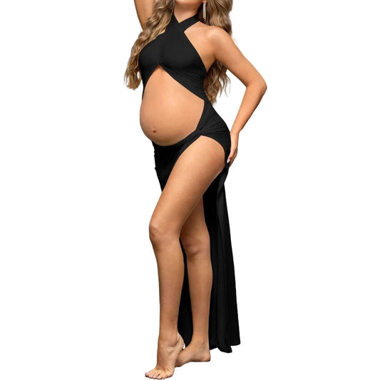Slim Fit Pregnant Women Split Hollow Solid Color Dress by GJG Denim