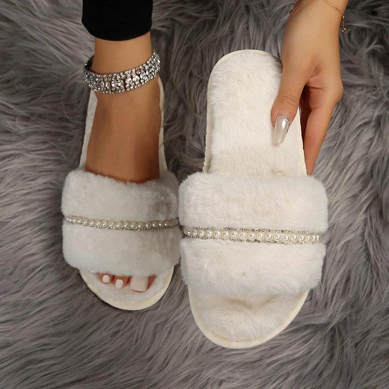 Fashion Solid Color Plush Slippers With Pearl Flat House Slippers Outdoor Indoor Shoes by GJG Denim