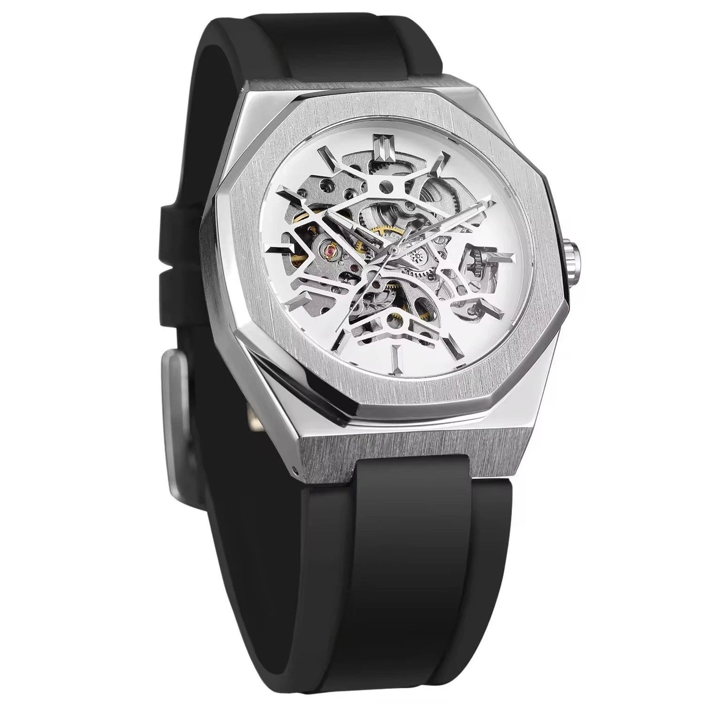 Casual Silver Hollow Skeleton Rubber-band Automatic Mechanical Watch For Men by GJG Denim