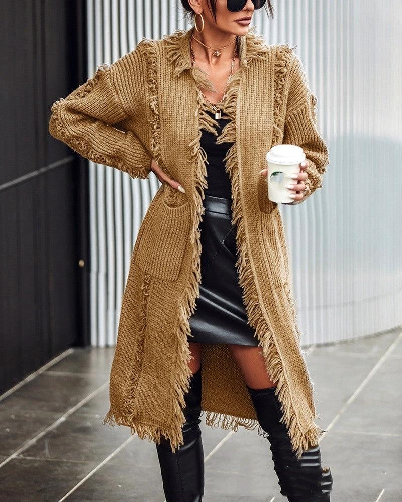 Lapel Tassel Long Knitted Coat by GJG Denim