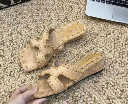 Retro Niche Design Suede One-Strap Slides For Women, 2026 Summer Genuine Leather Outdoor High-end Open Toe Slippers by GJG Denim
