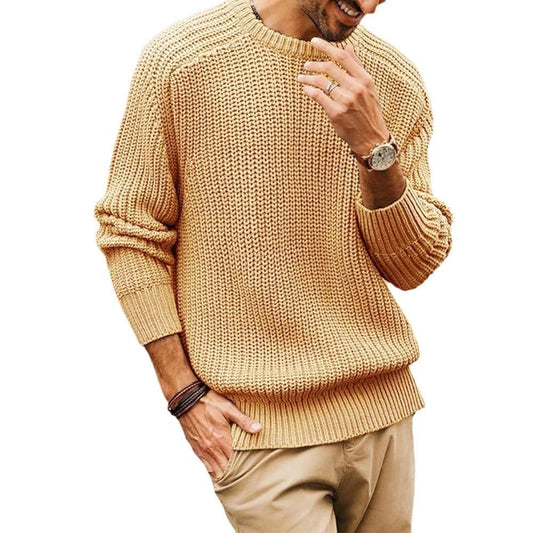Men's Solid Color Long Sleeve Round Neck Fashion Sweater Loose Retro Sweater by GJG Denim