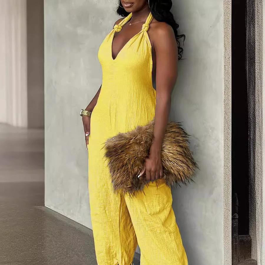 Long Linen Solid Color Jumpsuit With Belt by GJG Denim