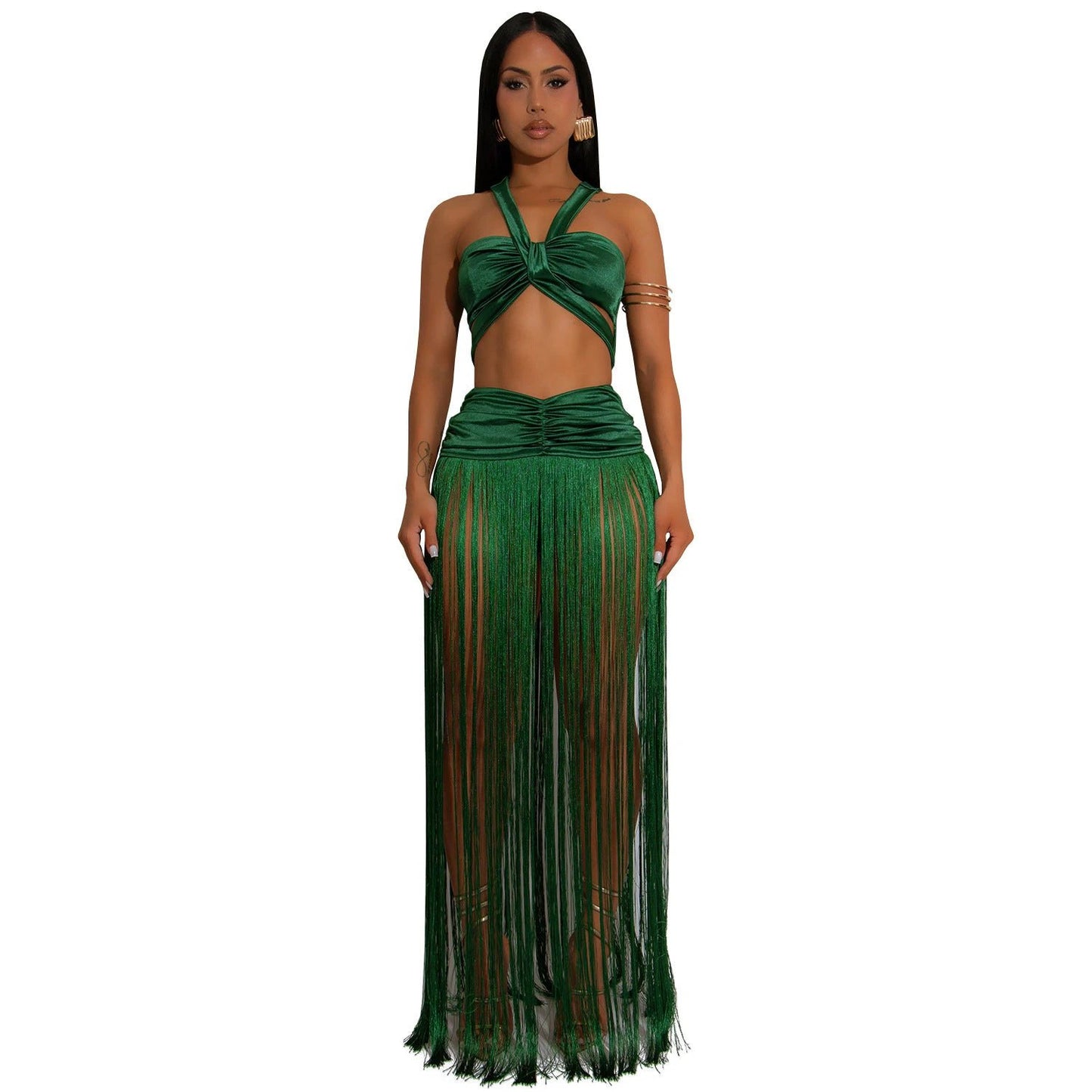 Sexy Shoulder Strap Top Tassel Skirt Two-piece Set by GJG Denim