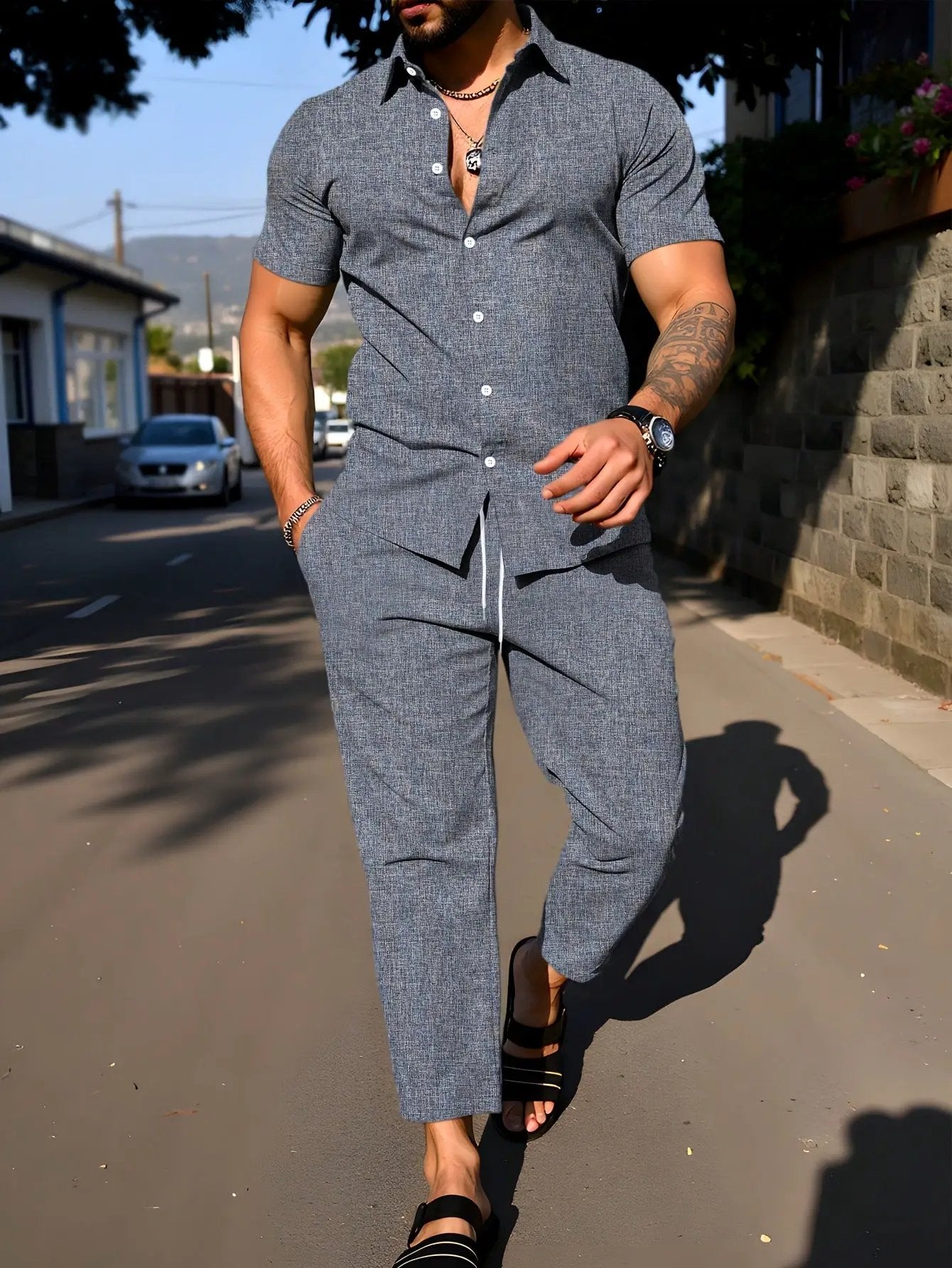 Short-sleeve Shirt And Trousers Casual Summer Set by GJG Denim