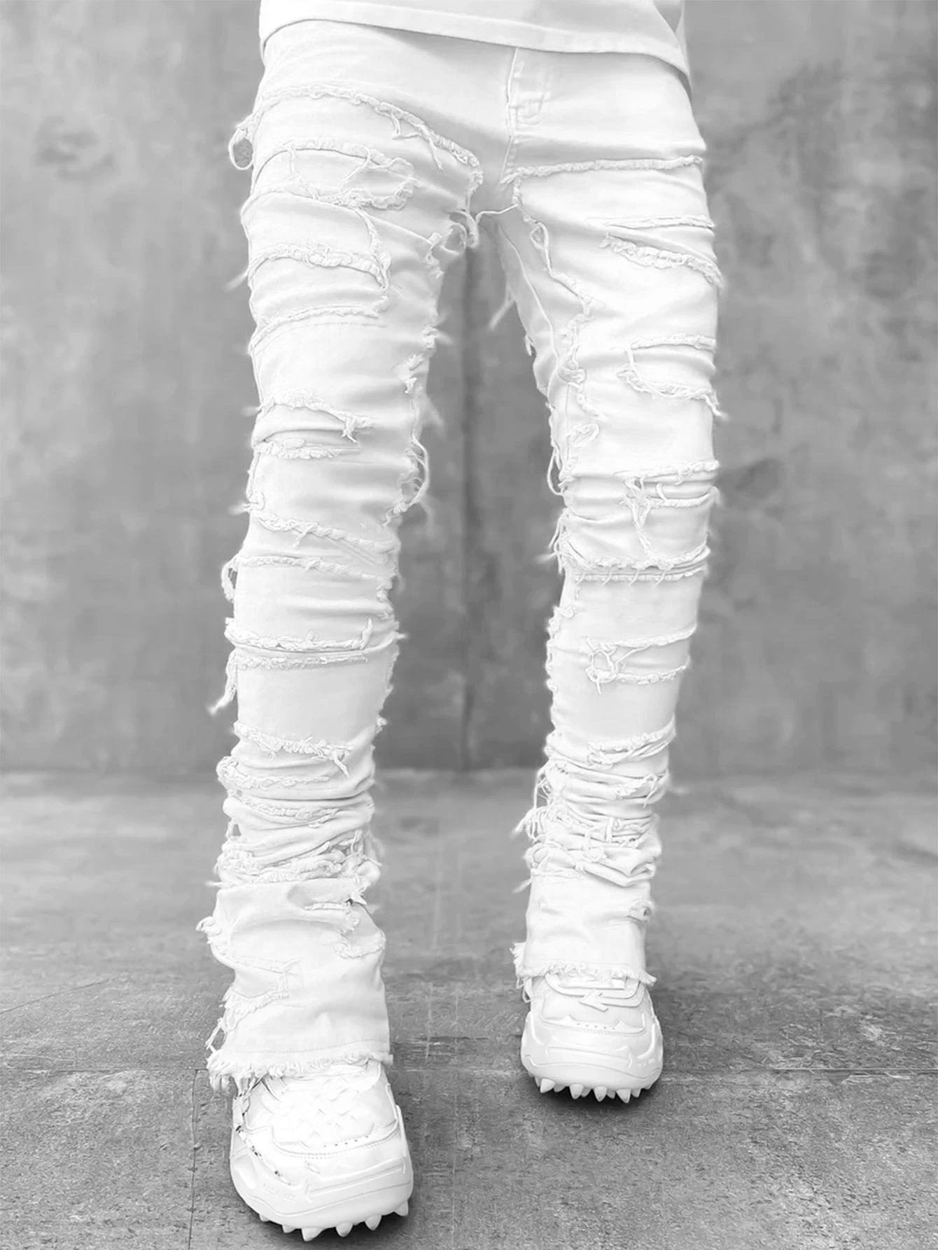 Men's Individual Patched Pants Long Tight Fit Stacked Jeans by GJG Denim
