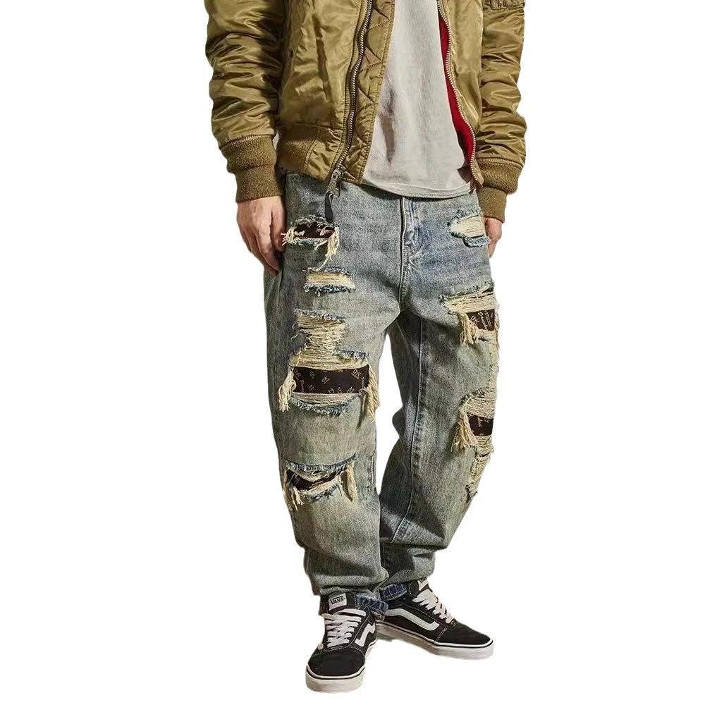 Men's Loose Straight Tapered Distressed Broken Holes Jeans by GJG Denim