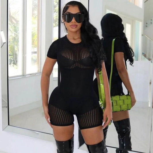 Women's Zipper Hollow-out Tight Hip Lifting Knitted Short Romper by GJG Denim