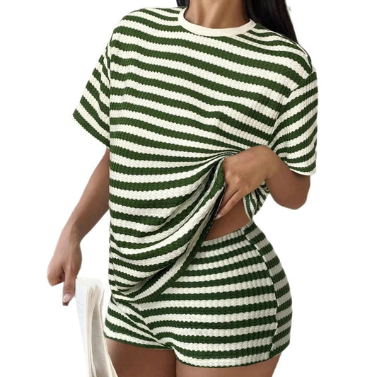 Striped Short-Sleeve T-Shirt Set Womens Fashion Summer by GJG Denim