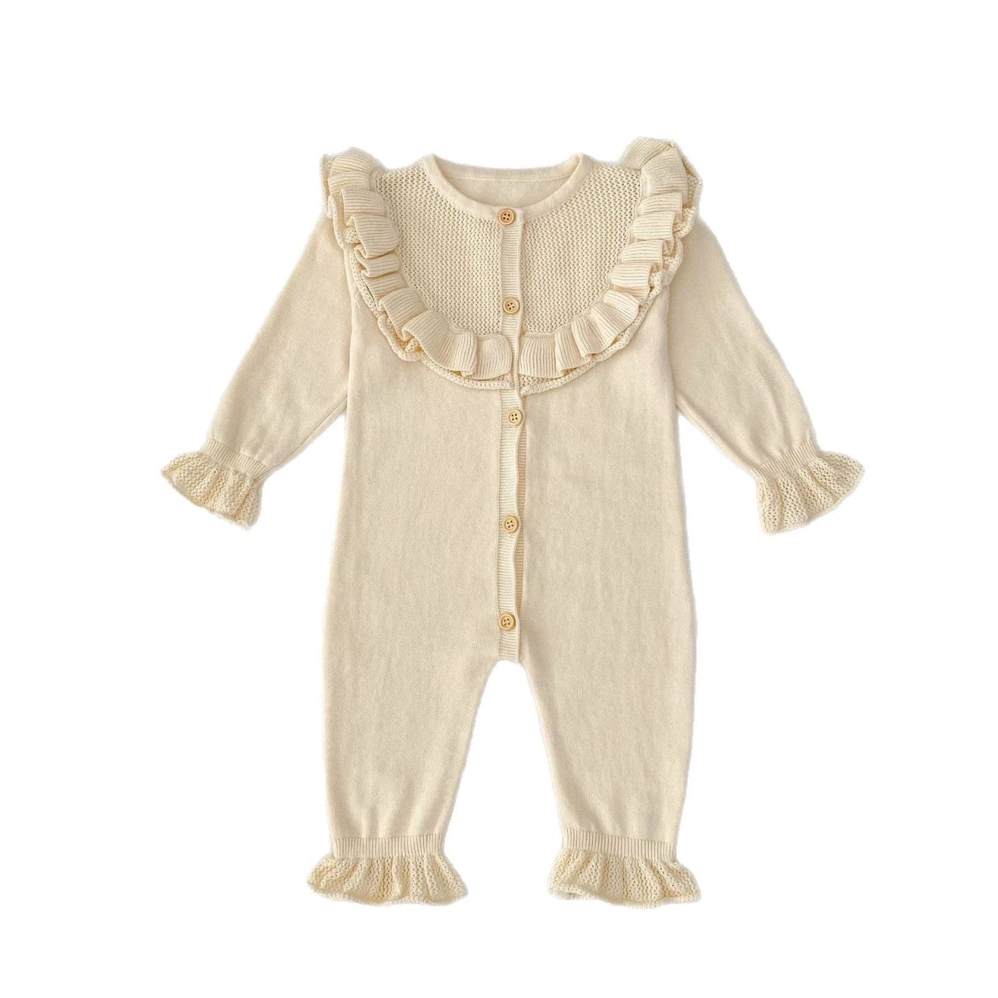 Baby Girl Round Neck Ruffled Stitching Long Climbing Fashionable Stylish Solid Color Jumpsuit by GJG Denim