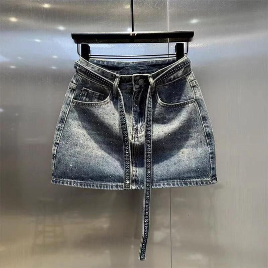 Summer New Rhinestone Five-point Denim Wide Leg A- Line Skirt by GJG Denim