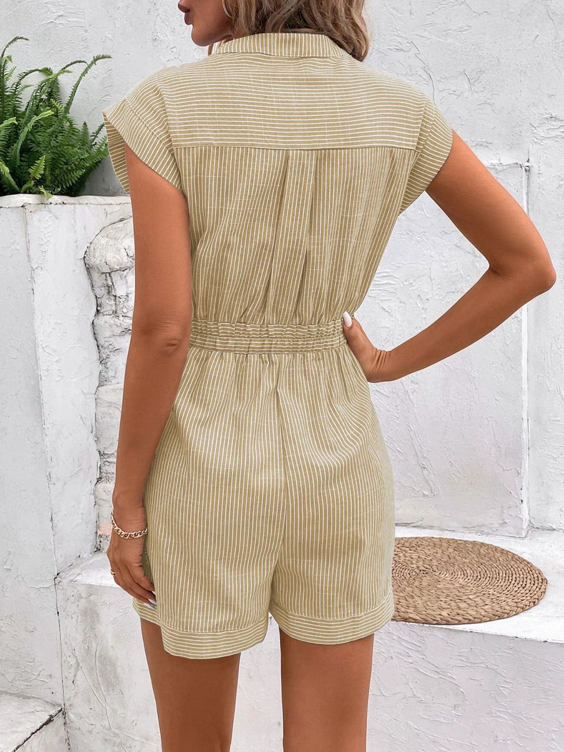 Striped Notched Tie Waist Romper by Lady Ros