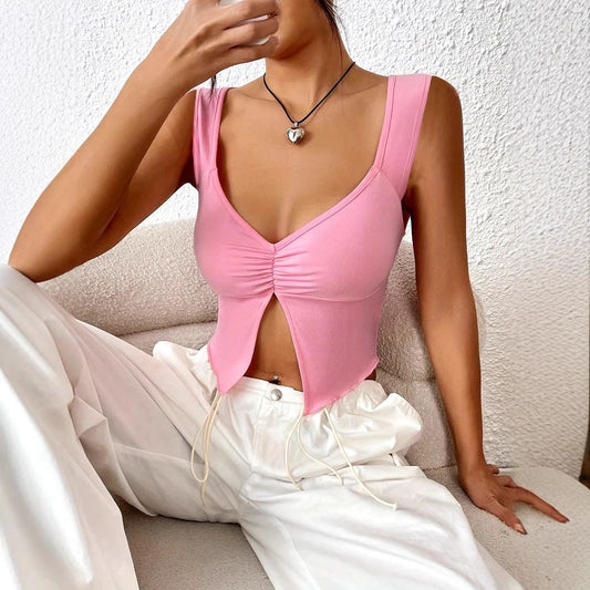 Women's Solid Color Summer Camisole With Slit Hem And Temperament Vest Top by GJG Denim