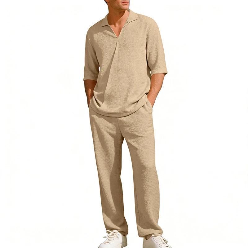 Men's Lapel Short Sleeve Shirt And Pants Suit by GJG Denim