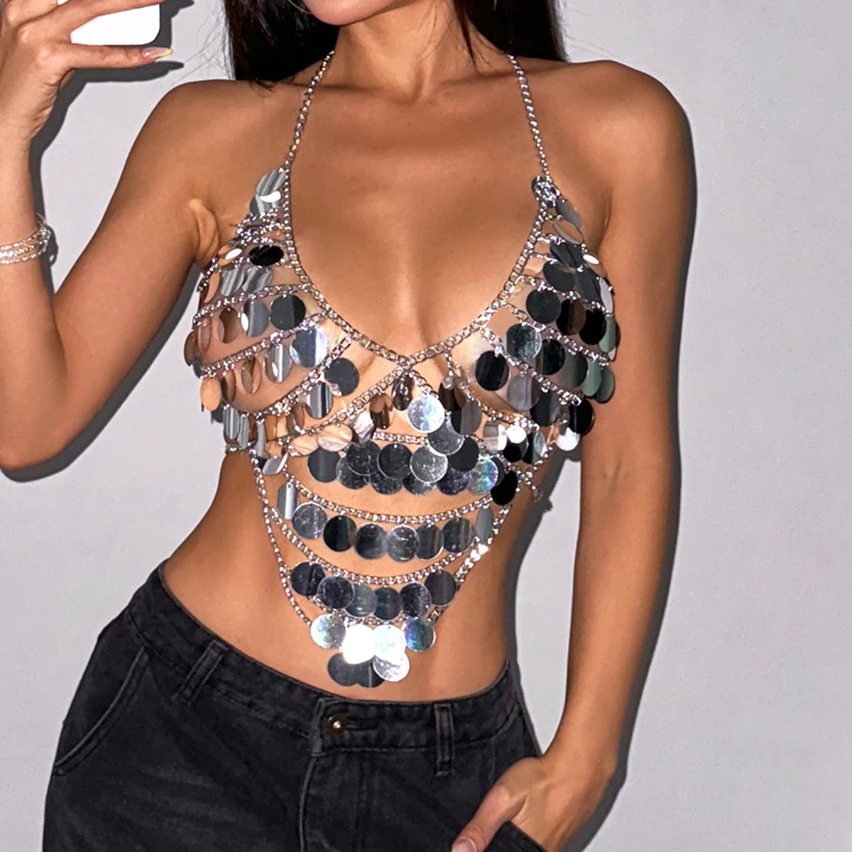 Women's Fishnet Sequin Stitching Halterneck Vest by GJG Denim
