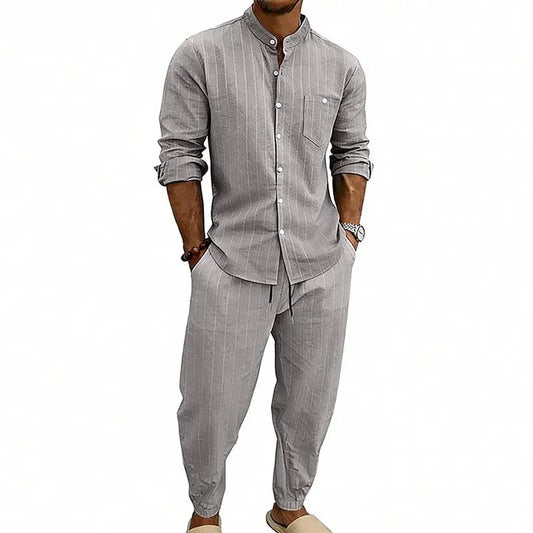 High-street Striped Henley Shirt Jogger Pants Set by GJG Denim