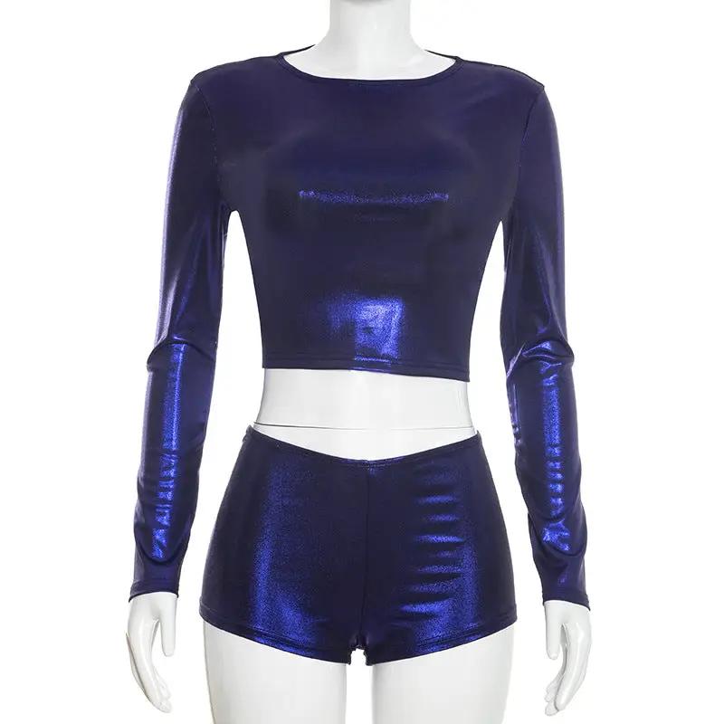 Womens Round-Neck Shiny Sheath Three-Quarter shorts Set by GJG Denim