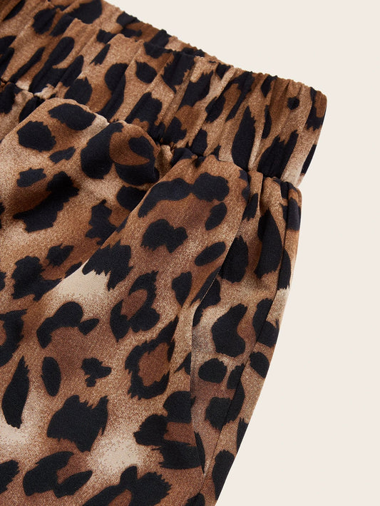 Women's Plus Size Leopard Print Wide Leg Pants - Elastic Waist, Loose Fit Casual Straight Leg Trousers For Spring Summer Fall, Lightweight Polyester Blend, Perfect For Beach Or Outdoor Outings by GJG Denim
