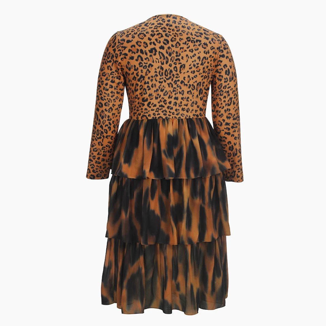 Elegant Leopard Print Cake Dress Plus Size Long Sleeve by GJG Denim