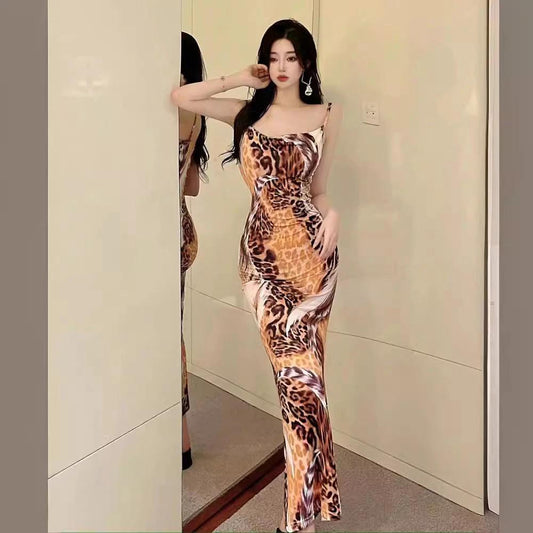Women's Sleeveless Leopard Print Slim Fit Hip Spaghetti Straps Dress by GJG Denim