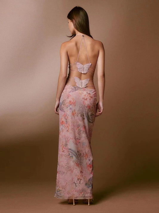 Floral Print Halter Spaghetti Straps Dress Sexy Slim Butterfly Back Dressess Spring Summer Womens Clothing by GJG Denim