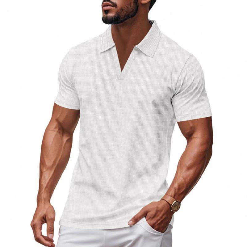Summer Men's Loose Leisure Sports V-neck Waffle Short Sleeve Lapel Polo Shirt Men by GJG Denim