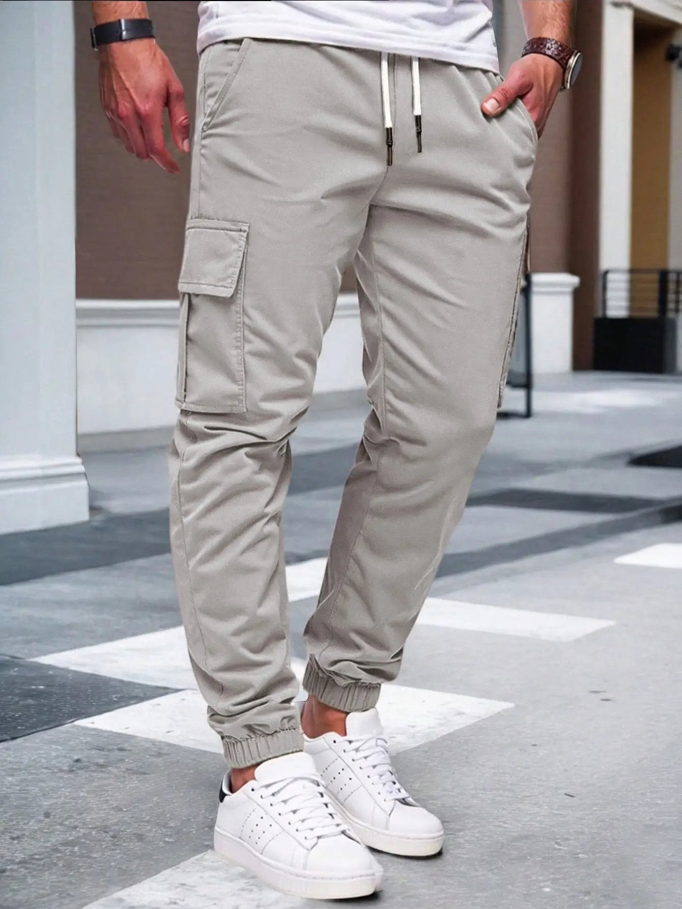 Mens Solid-color Pants With Drawstring Elastic Cuffs by GJG Denim