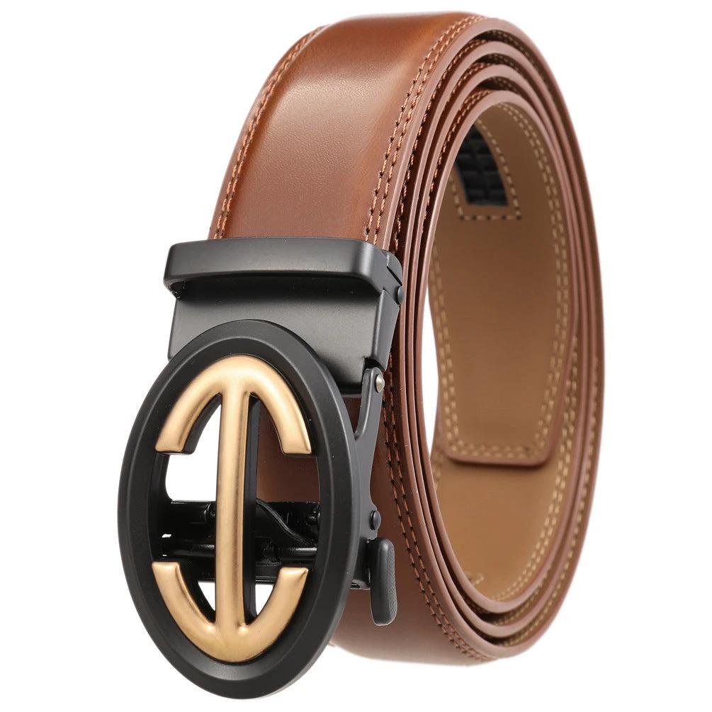 Men's Automatic Alloy Buckle Simple Two-layer Cowhide Belts by GJG Denim