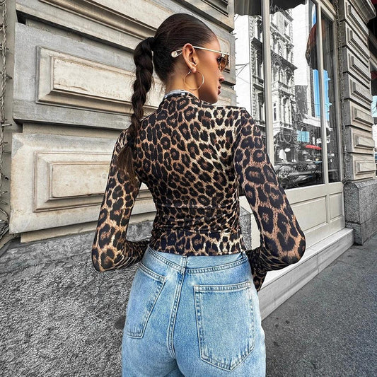 Female Leopard Print Drawstring Versatile Tight Long Sleeved Shirt by GJG Denim
