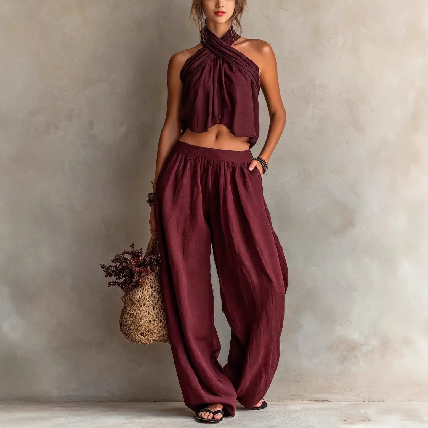 Womens Loose-Fit Sleeveless Top And Wide-Leg Pants Two-Piece Set by GJG Denim