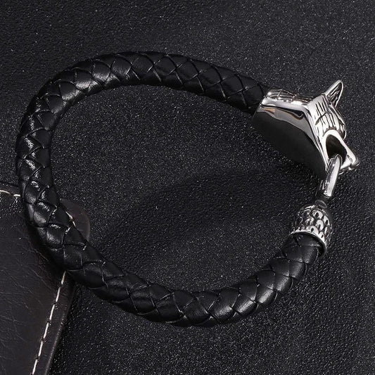 Fashionable Wolf Head Genuine Leather Braided Leather Cord Bracelet For Men by GJG Denim