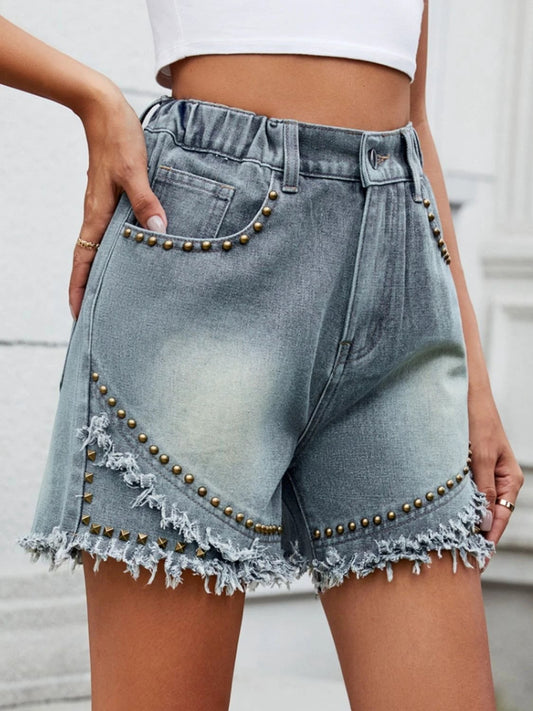Raw Hem Studded Denim Shorts by Lady Ros