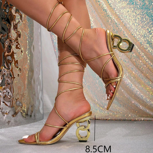 Gold Sandals Fashion High Heel Lace-up Profiled Heel by GJG Denim